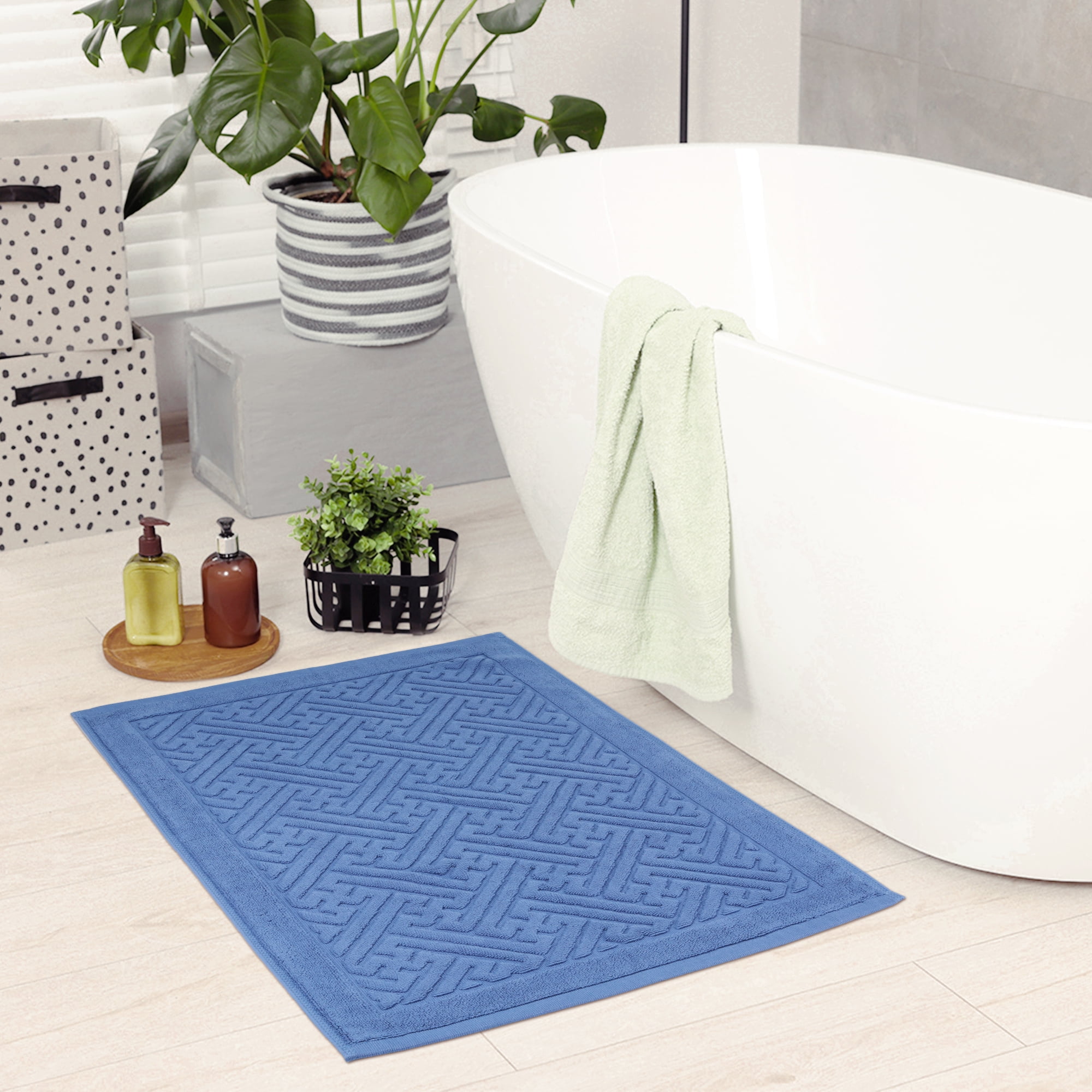 Unique Bargains Luxury Bath Mat Cotton Absorbent Hotel Spa Shower Floor Towel Blue