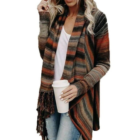 - Womens Tassel Long Sleeve Jumper Sweater Cardigan Fringe Shawl Tops Wrapped Coat