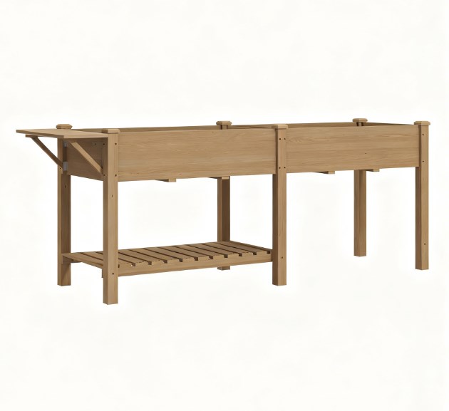 Elevated Garden Bed, Wood Raised Garden Box with Side Table, Bottom Shelf, Bed Liners and Drainage Holes