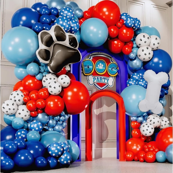 ALL-IN-1 Paw Balloon Arch & Garland Kit with BONUS Dog Bone – Small and Large Red, Dark Blue Paw Balloons – Paw Birthday Party Decorations & Supplies – Boy