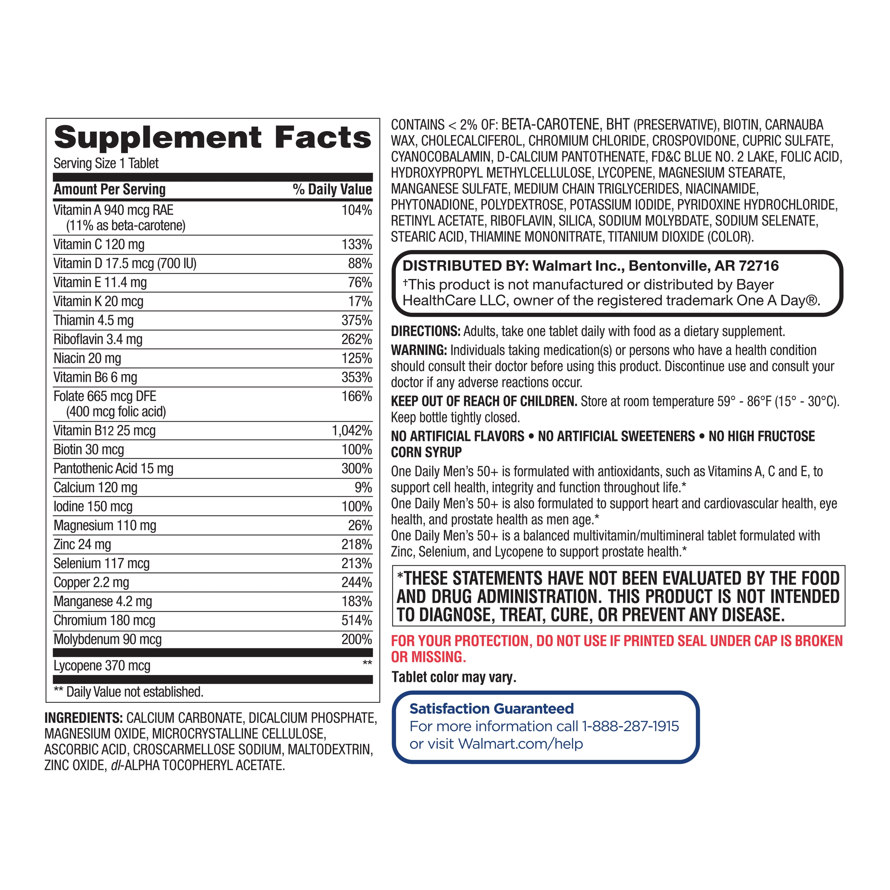 (2 pack) Equate One Daily Men's 50+ Multivitamin/Multimineral Supplement Tablets, 200 Count, Compare to One a Day® Men's 50+ Multi
