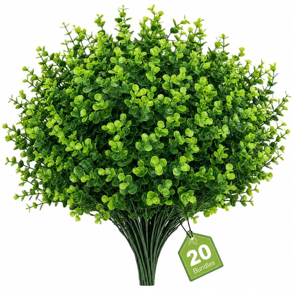 Maspost 20 pack Artificial Greenery Plant Bundles, Faux Eucalyptus Bushes UV Resistant Plastic Plants for Outdoor Patio Garden Porch Yard Decor