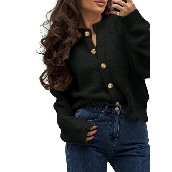 Long Sleeve Crewneck Button Down Womens Sweaters Fall Open Front Chunky Cardigan Sweaters for Women 2025 Black L