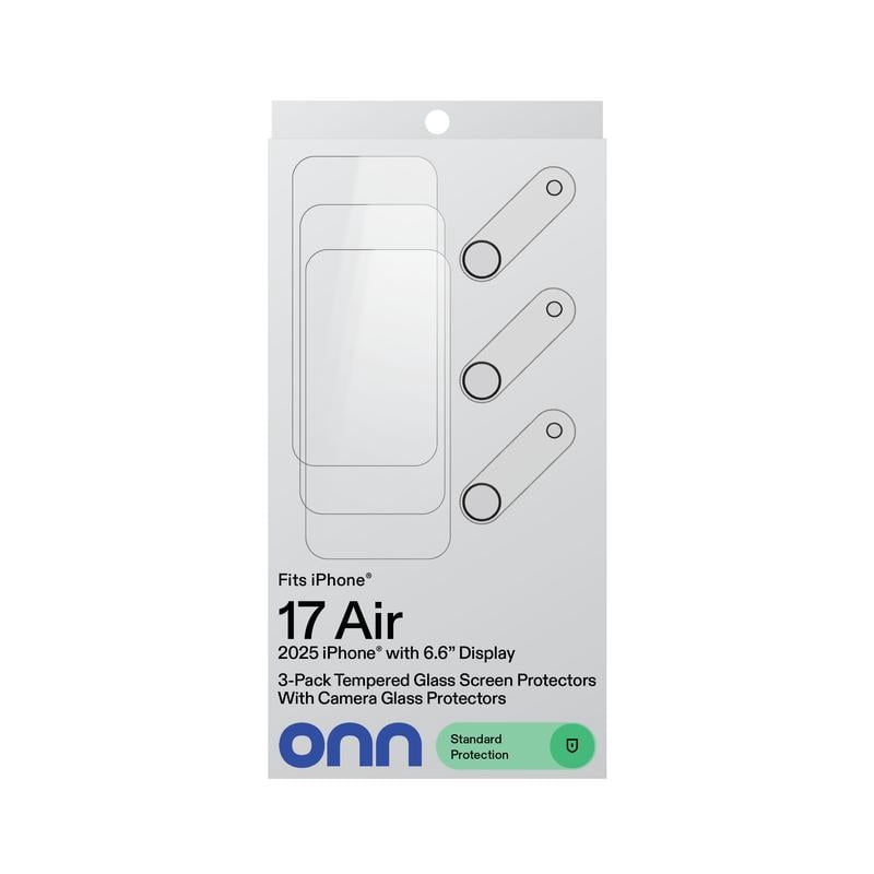 onn iPhone Air 3-Pack Glass Screen Protector with Camera Glass and Easy Installation Frame