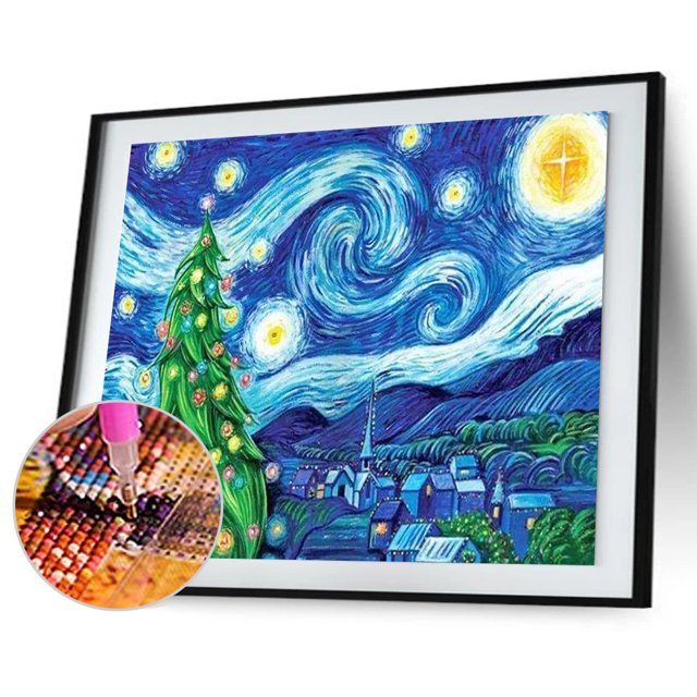 Cuadros Decorativos Arte de la noche estrellada 5D, dibujo de diamantes de imitación, taladro redondo completo, artesanía de imagen de diamante Tmvgtek embutido en tela