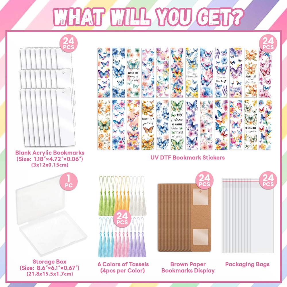 DIY Bookmark Making Kits including Kraft Paper Bookmark Display Cards Polyester Tassel Decorations Acrylic Bookmark Pendants and Stickers Butterfly