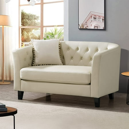 Husbedom 50 inches Modern Loveseat Sofa, Button Tufted Faux Leather Barrel Loveseat, Mid-century 2 Seater Sofa Couch, Small Loveseat for Small Spaces, Living Room and Bedroom, Beige