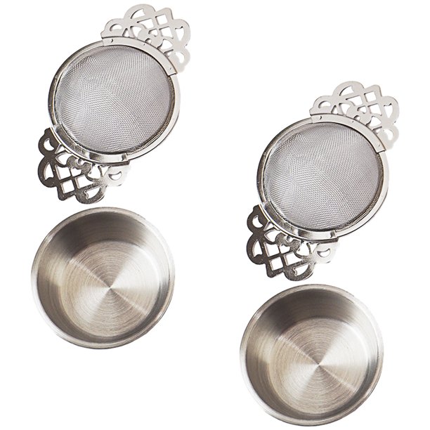Paquete de 2 coladores de té plateados de acero inoxidable con tazón colador de té para té suelto, malla fina para boca de taza de 2,5-4 pulgadas