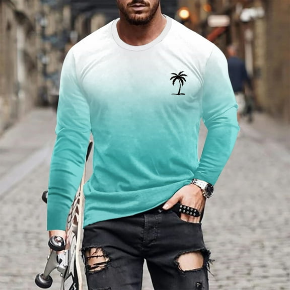 Goodtrade8 Gradient Winter Tops for Men 2025 Crew Neck Athletic Plus Size Long Sleeve Sky Blue Mens Shirts Long Sleeve