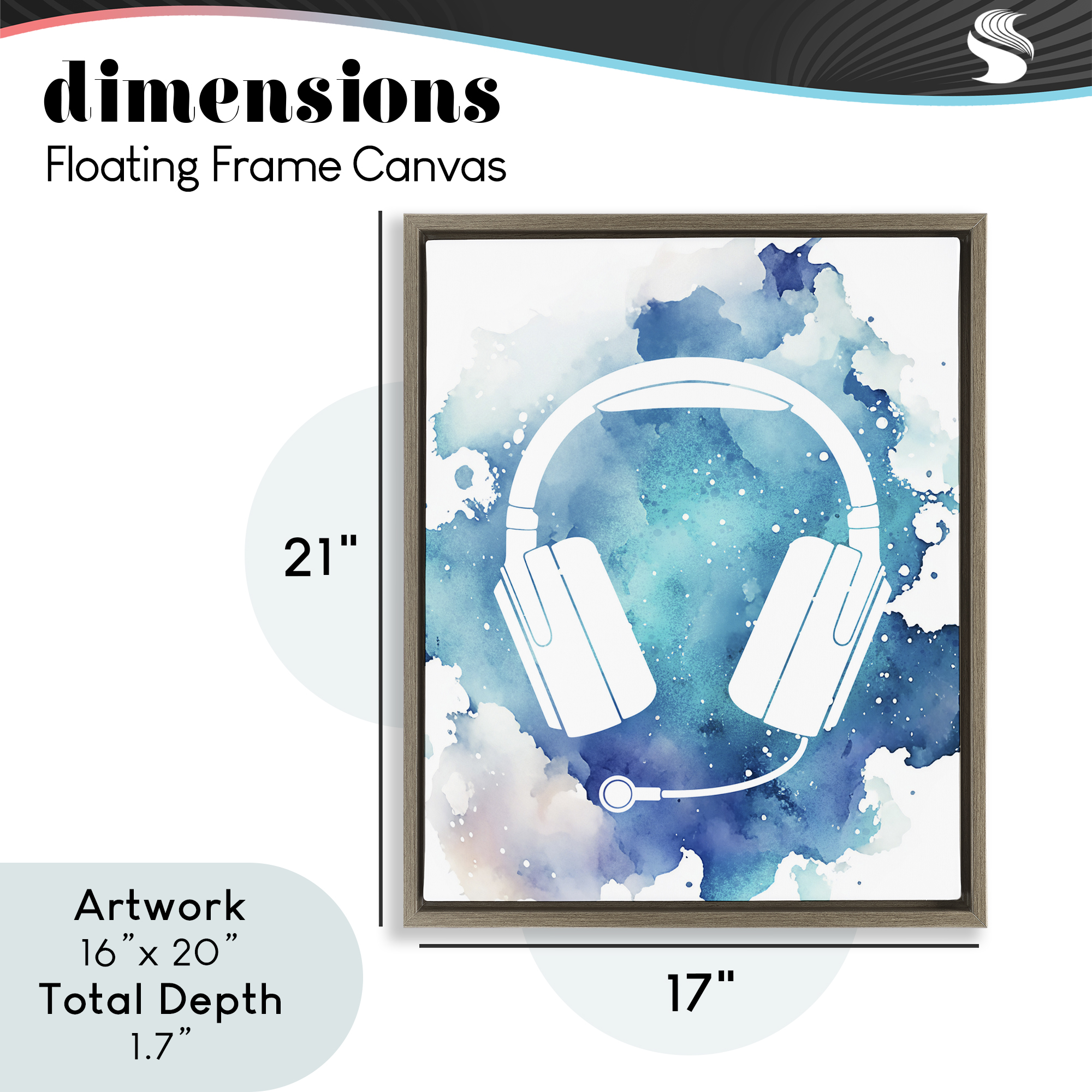 Blue Headphone Splatter Brown Framed Floater Canvas Wall Art, design by Marcus Prime