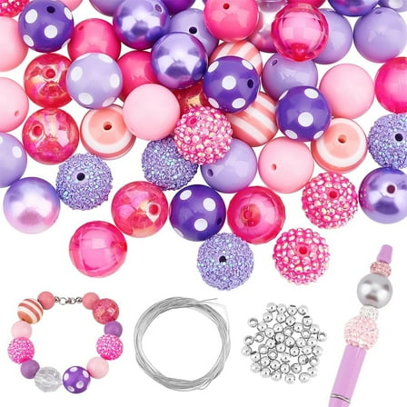 1box Gumball Beads 53pcs Chunky Bubblegum Beads 20mm Pen Beads Large Candy Loose Beads 47pcs Iron Spacer Beads Chain Elastic Thread for Garland Easter Jewelry Making Purple White