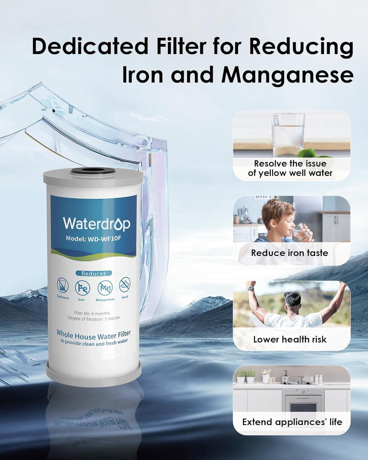 Waterdrop Whole House Water Filter System, Reduce Iron & Manganese, with Carbon and Sediment Filters, 5-Stage Filtration, Reduce Iron, Lead, Chlorine, Odor, 2-Stage WD-WHF21-FG, 1" Inlet/Outlet