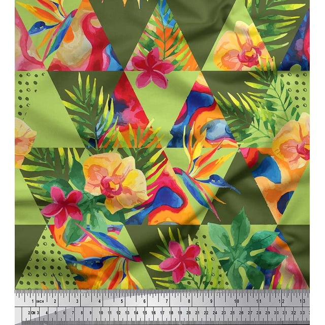 Soimoi Silk Fabric Check,Leaves & Tropical Flower Fabric Prints By Yard 42 Inch Wide