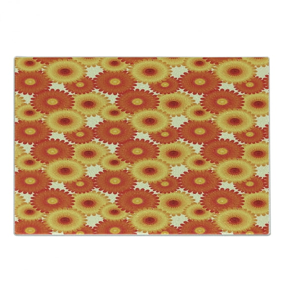 Orange Cutting Board, Gerbera Flowers Petals in Graphic Style Vibrant Summer Nature Design, Decorative Tempered Glass Cutting and Serving Board, Small Size, Orange Yellow Scarlet, by Ambesonne