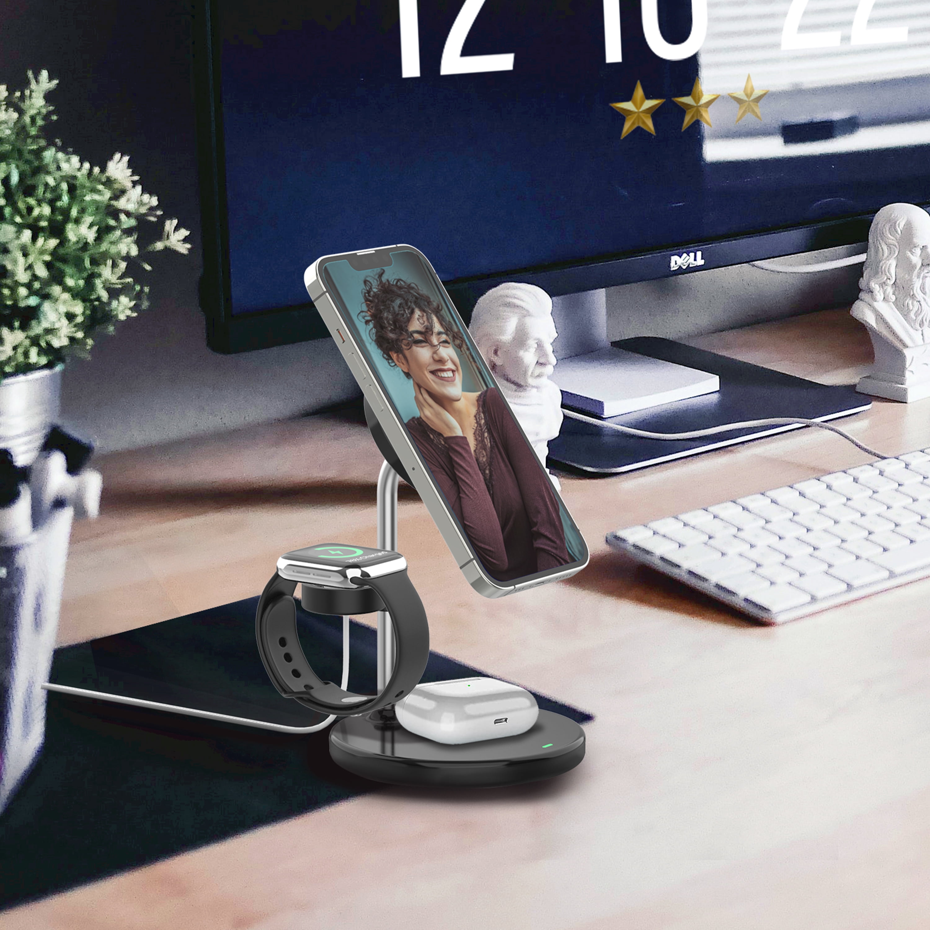 Energizer 3-in-1 Wireless Charging Station, 15W Fast Charging, Qi Compatible Phone, Earbuds & Smartwatch Stand, Black