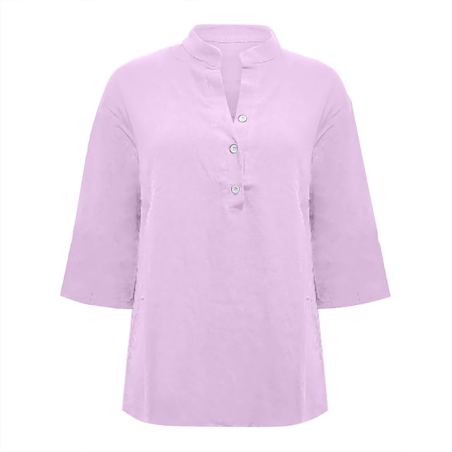 WTXUE Button-Up Shirts Elbow-Length, Notch Neck Shirts for Women's Button Down Shirts Cotton Linen Plus Size Shirts Linen Shirts Solid | Workwear for Women's Plus Purple M
