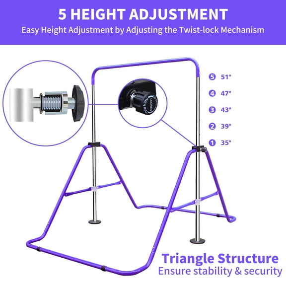 Expandable Gymnastics Bar for Kids - Height Adjustable Junior Training Bar for Home, Folding Gymnastic Horizontal Bars Equipment Purple