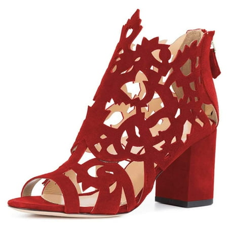 YDN Women Unique Peep Toe Chunky Mid High Heels Ankle Boots Cutout Design Back Zippers Booties Casual Dress Party Daily Shoes Size 12 Red