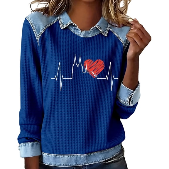 Matching Outfits for Couples Valentine'S Day Denim Collar Patchwork Long Sleeve Loose Fit Cartoon Graphic Petite Clothing for Women,Blue,L