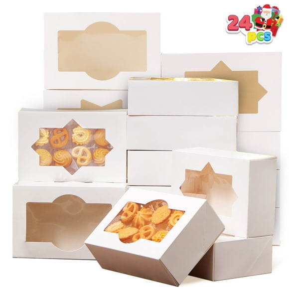 Joyfy 24 Pcs Christmas White Cookie Boxes Bakery Treat Gift Box with Window 8.5" x 5.75" x 2.75" for Pastries, Cupcakes, Cookies, Brownies, Donuts Gift Giving