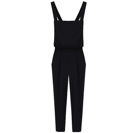 Cotton Solid Pockets Zipper - CHLTRA Women's Comfy High Waist Side Zipper Solid Color Sleeveless Harem Jumpsuits with Pockets