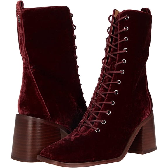 Sam Edelman Westie 2 Brick Velvet Lace Up Zipper Square Toe Block Heel Boots (Brick Velvet, 8)