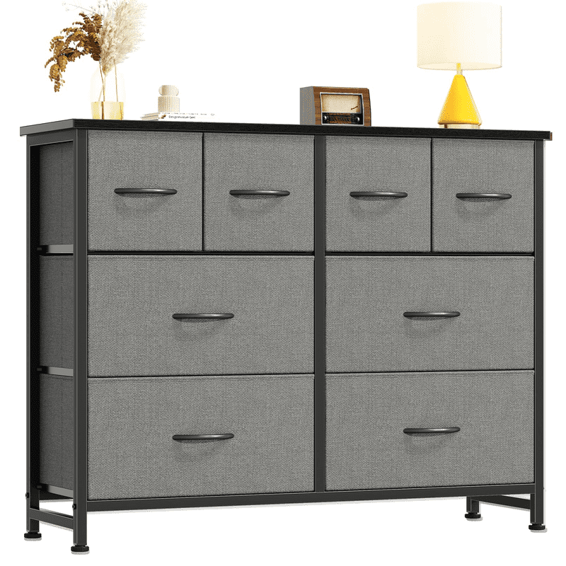 Kelno 8 Drawers Fabric Dresser Wide Wood Top Cabinet Storage Tower Metal Frame Clothes Organizer for Bedroom Living Room,Grey