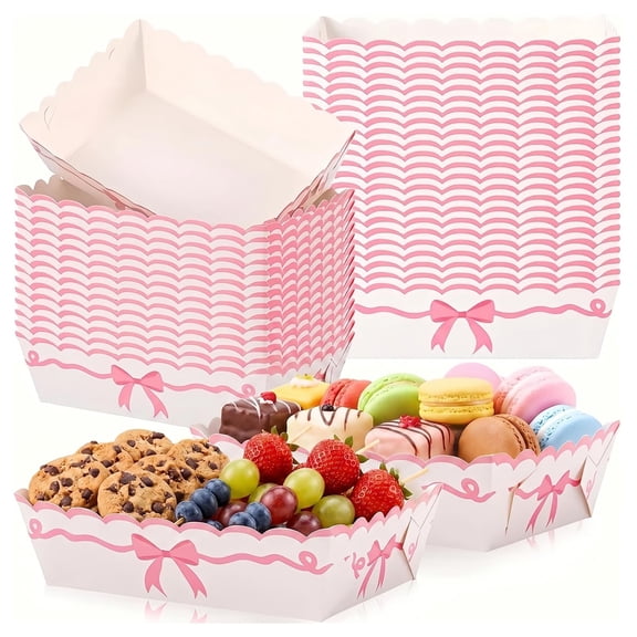 60pcs Pink Bow Disposable Food Trays, Elegant Kraft Paper Nacho Boats for Parties, Weddings, Valentine’s Day, Afternoon Tea, Dessert Tables and Cute Party Food Serving Supplies