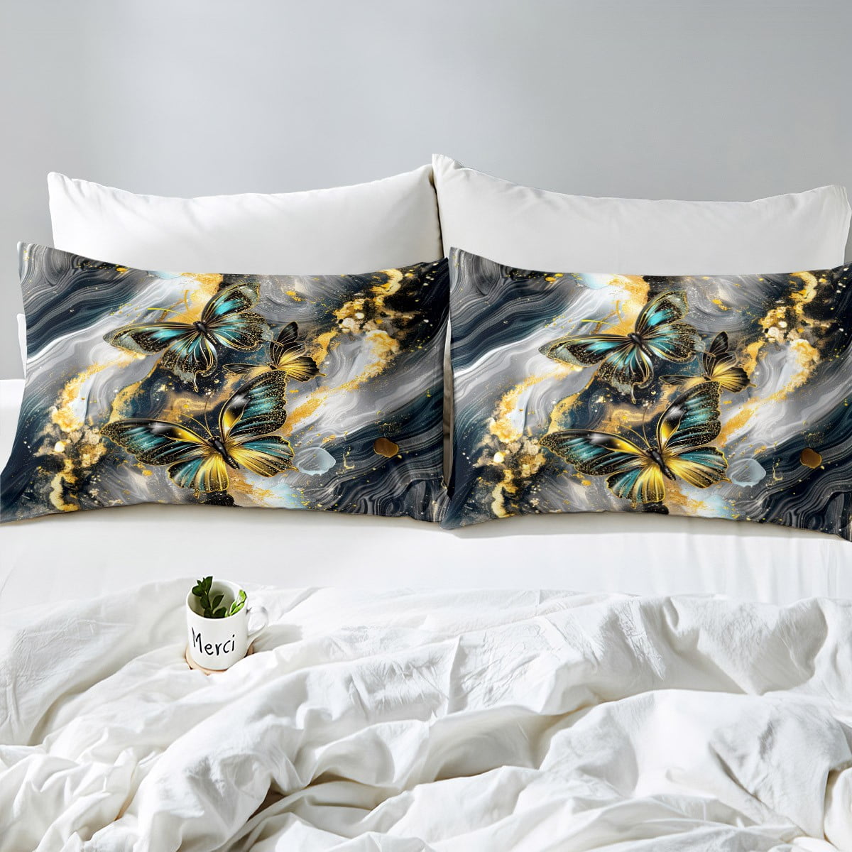 Black Marble Duvet Cover Set Teal Butterfly Queen Bedding Sets,Rustic Animal Dreamy Butterflies Room(No Comforter)