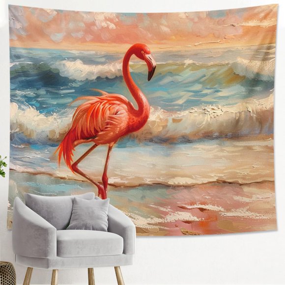 Generic Beach Tapestry Oil Painting Bird Wave Nature Feather Painting Artwork Blue Polyester Backdrop Decorative Ceiling Headboard Bedroom Couch Club Tapestry One Piece 80x60 Inch