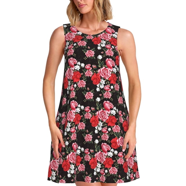 Fotbe Rose Flowers Vestido de Verano sin Mangas para Mujer – Vestido Midi Línea A, Estilo Camiseta Floral, Vestido Playero Casual y Fluido