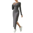 thumbnail image 3 of Women'S Fall Long Sleeve Casual Ribbed Knit Slim Fit Elegant Crew Neck Side Slit Maxi Dresses Dark Gray M, 3 of 8