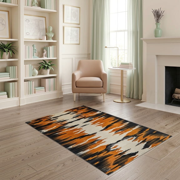 ODIKA Tiger Skin Print Striped Tibetan Faded Vintage Border Cow Alligator for Dorm Room, Small Living Apartment, Stain Resistant Low Profile