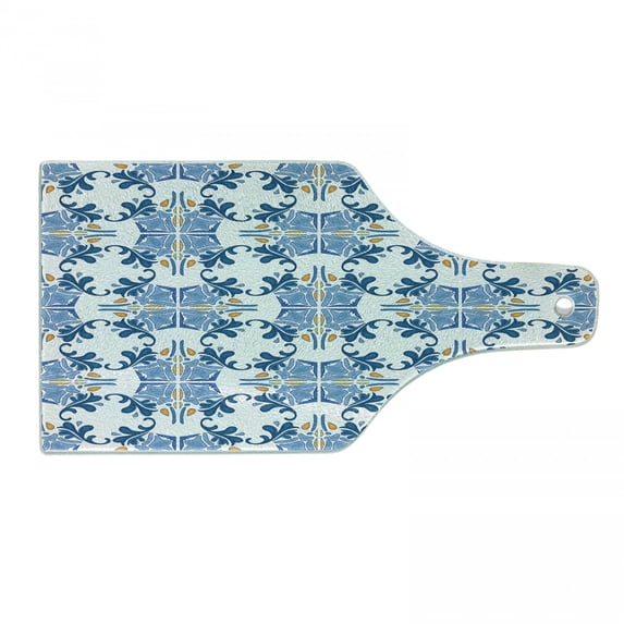 European Cutting Board, Roman Tile and Mosaic Design with Famous Eastern Inspired Image Print, Decorative Tempered Glass Cutting and Serving Board, Wine Bottle Shape, Blue Yellow, by Ambesonne