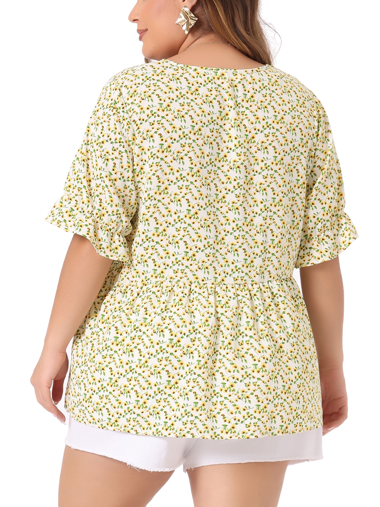 DARING DIVA Women's Plus Size Floral V Neck Ruffle Short Sleeve Blouses 4X Light Yellow