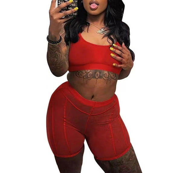 Franhais Women's Shorts Outfits,Pure Color Low-Cut Short Tank Tops + High Waist Elastic Shorts Set