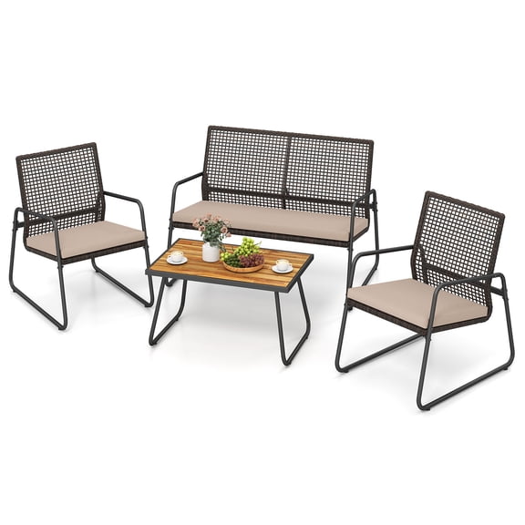 Gymax 4PCS Patio Furniture Set PE Wicker Rattan Conversation Set w/ Zippered Cushions