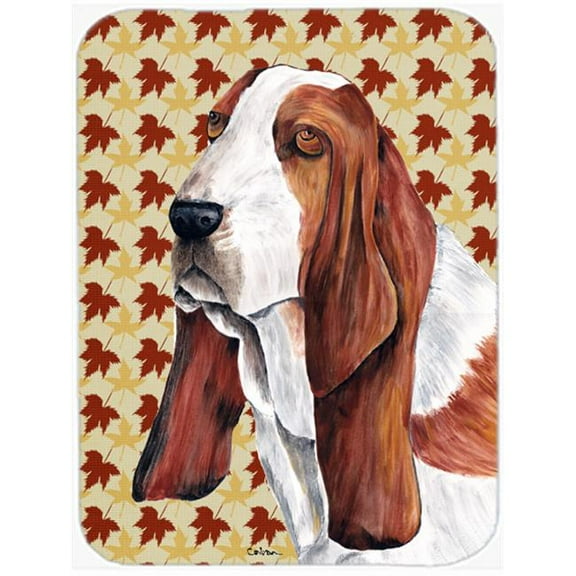 12 x 15 in. Basset Hound Fall Leaves Portrait Glass Cutting Board, Large