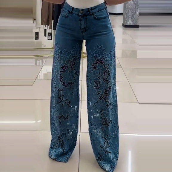 ClodeEU Women's Lace Wide Leg Jeans, High Waist Casual Washed Denim Pants, Fashion Loose Fit Trousers Dark Blue,Womens Plus XL