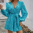 thumbnail image 6 of GZWYHT Rompers for Women Overalls for Women Women Long Sleeve Romper Floral Print Deep V Neck Jumpsuit High Elastic Waist Hem Rompers Lounge Sets for Women Casual Jumpsuits for Women Blue M, 6 of 9