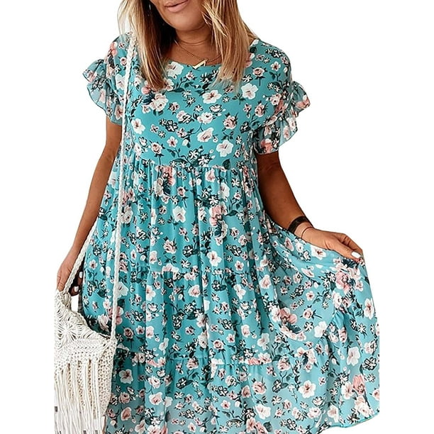 Womens Summer Sundresses Boho Floral Loose Short Sleeve Dress Beach