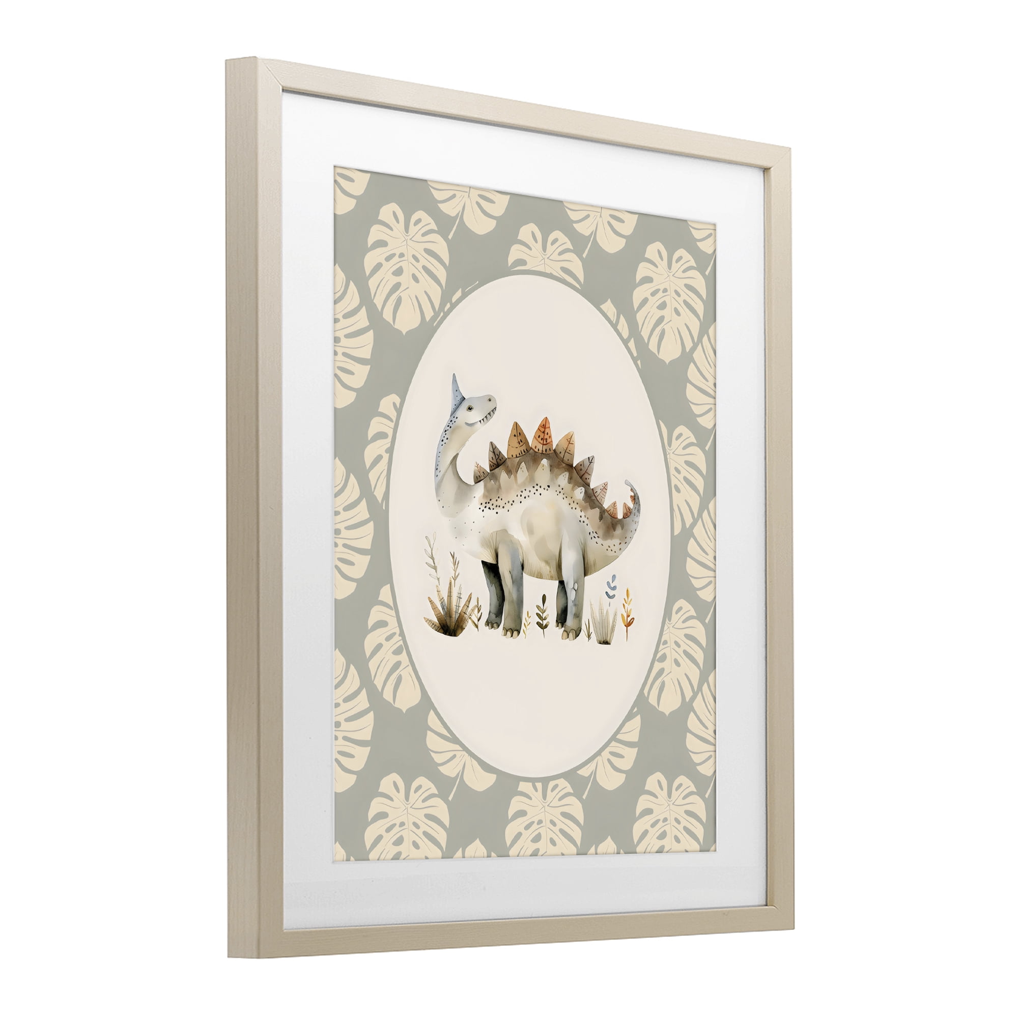 Stupell Industries Watercolor Dinosaur Monstera Border Birch Framed Print Under Glass, design by LSR Design Studio