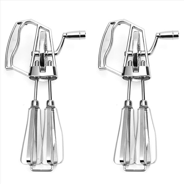 2X Batidor de Huevos Manual con Manivela - Batidor de Acero Inoxidable, Ergonómico de ABS, Diseño Compacto para Mezclar Fácilmente, Color Plateado