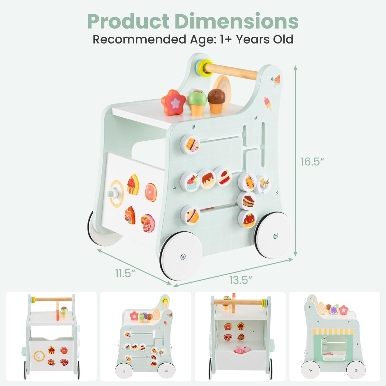 INFANS 6 in 1 Wooden Baby Walker, Play Kitchen Playset, Toddler Push Learning Activity with Wheels Shape Sorter Movable Slider, Montessori Educational Toy for Girls Boys 1-3 Years