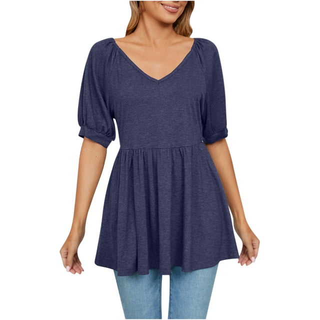 Birdeem Womens V- Neck Solid Color Short Sleeve Lapel Tops