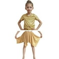 thumbnail image 4 of CAICJ98 Kids Girls Dance 2 Piece Outfits Shiny Tie Knot Crop Top and Metallic Asymmetrical Skirt for Dancing Rave Festival (Gold,9-10 Years), 4 of 4