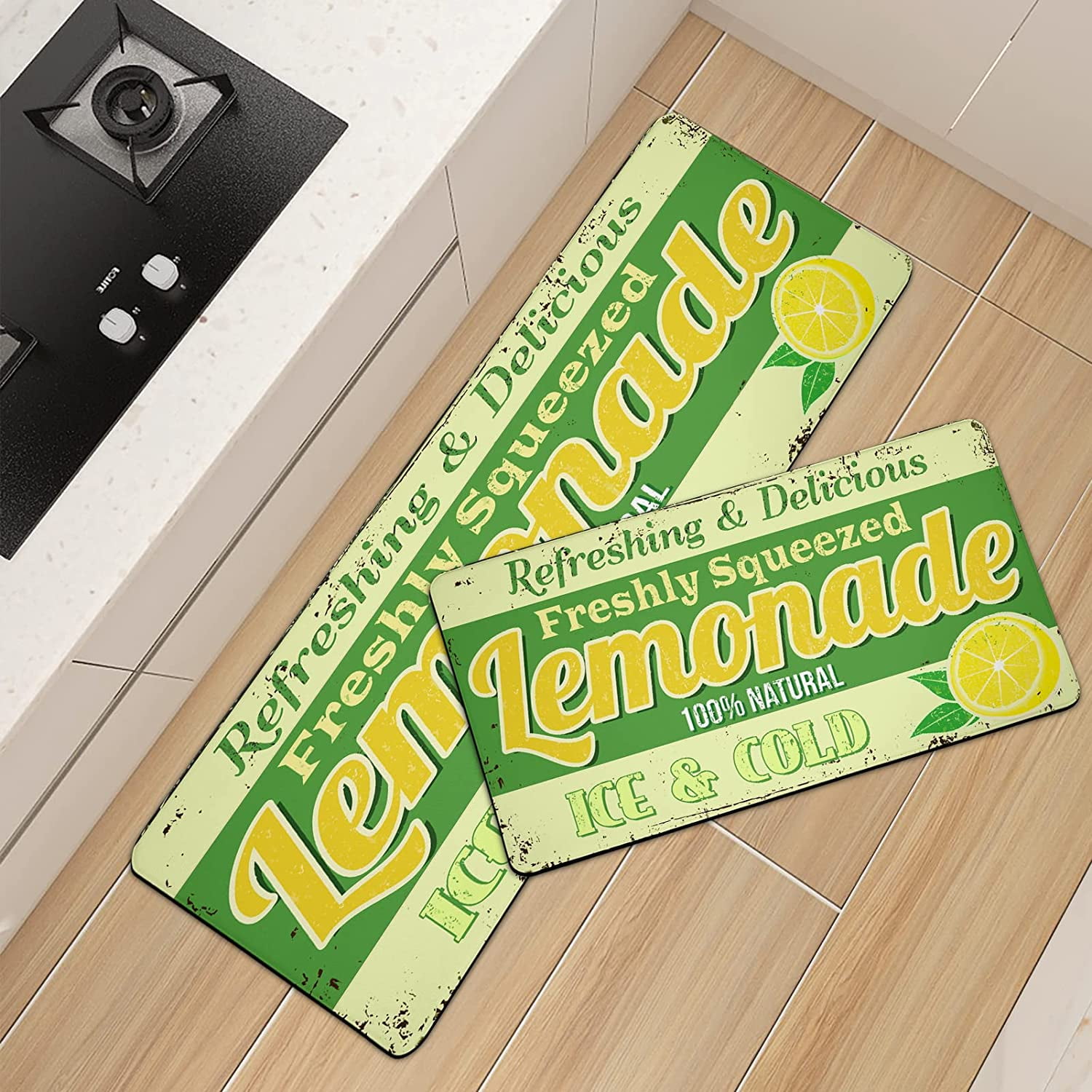 Black Grey Kitchen Rugs Mats Set 2 Pieces Abstract Modern Art Cushioned