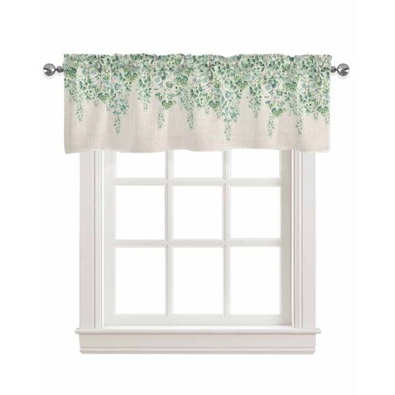 Eucalyptus Leaves Linen Curtain Valance for Bedroom/Bathroom/Kitchen/Office/Living/Dining Room Window,Watercolor Teal Botanical Rustic Rod Pocket Topper Decorative Cafe Drapes Panel 54"x18"