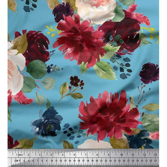 Soimoi Blue Rayon Fabric Leaves & Peony Floral Printed Craft Fabric by the Yard 56 Inch Wide
