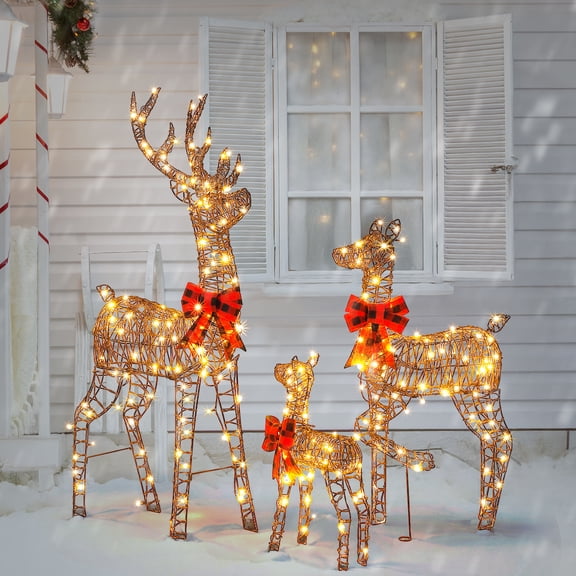 Ktaxon Lighted Christmas 5ft Deer Family Set Outdoor Yard Decoration LED Lights, Stakes - Rattan